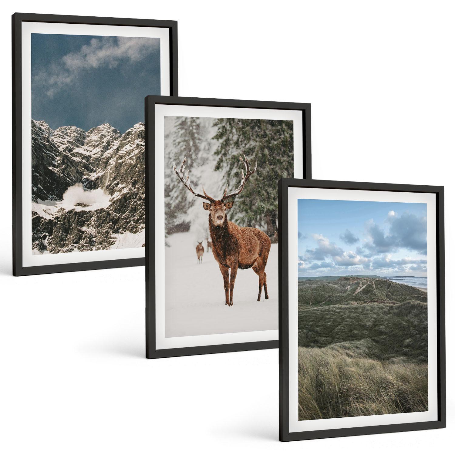 BILDER SET 3er Set - 40x60 cm Schwarzer Rahmen - Berge, Schnee, Hirsche, Waldlandschaft - Schwarz, Kunststoff (40/60cm) - TULUP