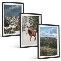 BILDER SET 3er Set - 40x60 cm Schwarzer Rahmen - Berge, Schnee, Hirsche, Waldlandschaft - Schwarz, Kunststoff (40/60cm) - TULUP