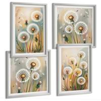 BILDER SET 4er Set - 50x50 cm & 40x60 cm Silberner Rahmen - Löwenzahnblüten, pastellfarbene Gräser - Silberfarben, Kunststoff (50/50cm) - TULUP
