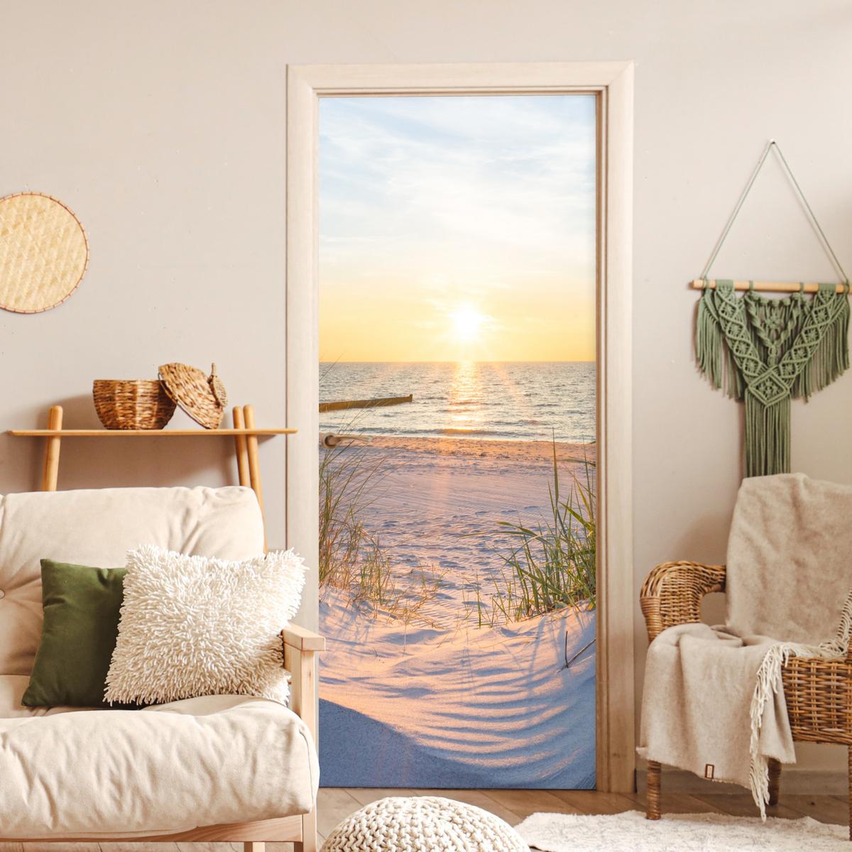 TÜRAUFKLEBER Strand - Sonne - Düne - Gras - Sand - Horizont 90x215 cm - Türtapete - Dunkelgelb, Kunststoff (90/0.1cm) - MuchoWow