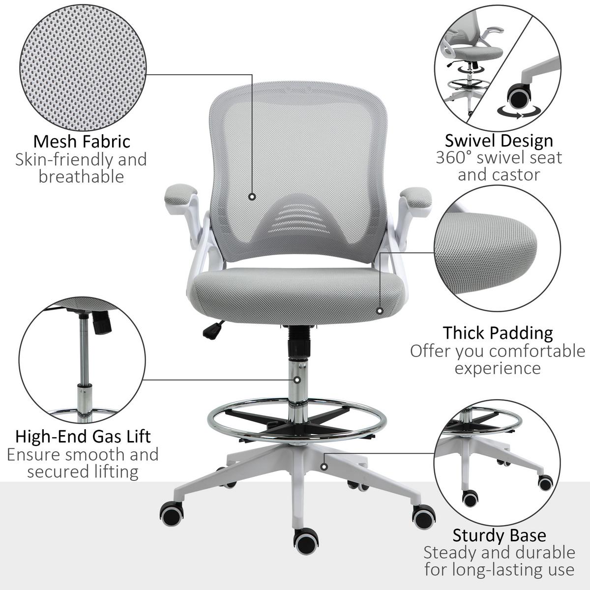 BÜROSTUHL Ergonomischer Schreibtischstuhl mit Hochklappbaren Armlehnen Netz - Hellgrau, Kunststoff (60/126/64cm) - Vinsetto