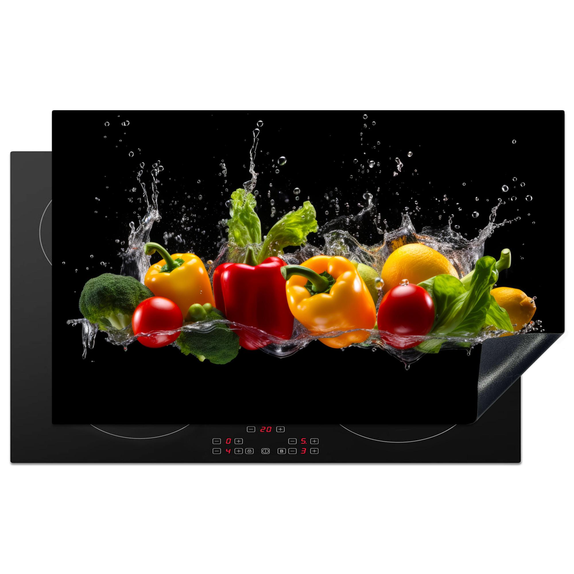 HERDABDECKPLATTE Paprika - Wasser - Gemüse - Schwarz Induktionsmatte 83x51 cm - Multicolor, Kunststoff (83/51.5/0.2cm) - MuchoWow