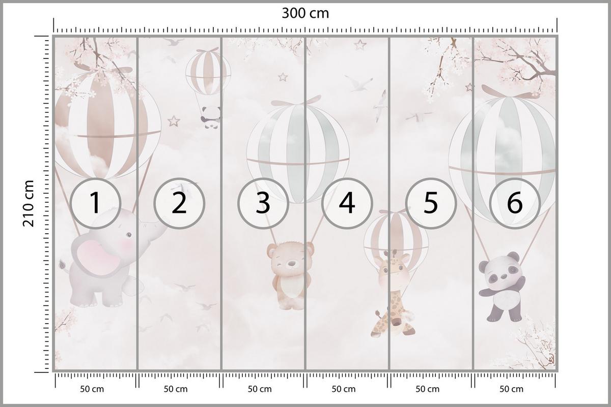 FOTOTAPETE für Kinderzimmer Tiere Himmel Elefant Giraffe Panda Vögel Ballons 300x210 - Multicolor, Papier (300/210cm) - Muralo