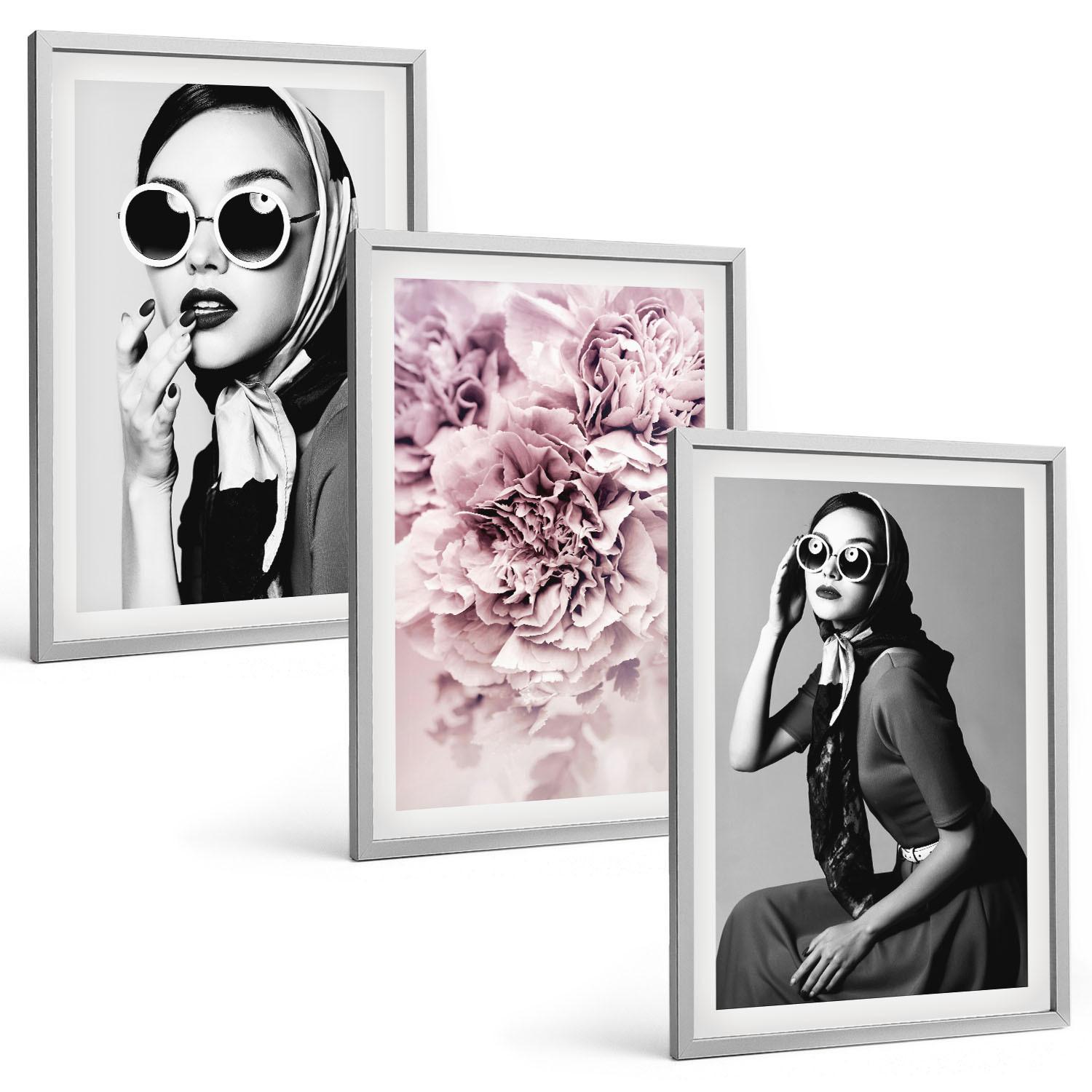BILDER SET 3er Set - 40x60 cm Silberner Rahmen - Stilvolle Porträts von Frauen mit Blumen - Silberfarben, Kunststoff (40/60cm) - TULUP