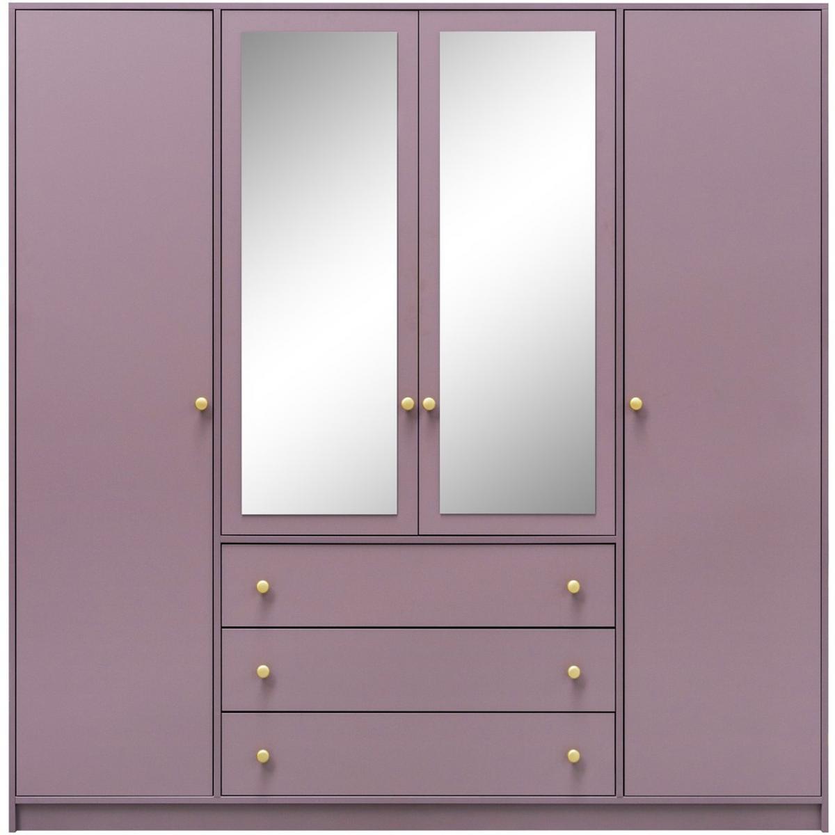 DREHTÜRENSCHRANK Solea Lux mit 4 Türen und 3 Schubladen, Pflaume - Pflaume/Goldfarben, Holzwerkstoff (196/200/58cm) - Beautysofa