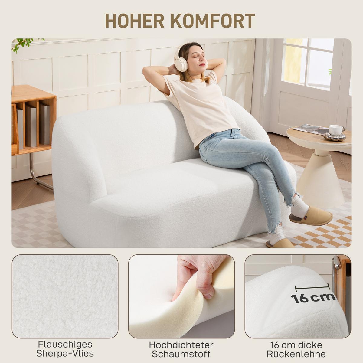 SOFA 2-Sitzer 142 cm Couch Polstersofa mit Armlehne, geschwungenem Design Creme - Weiß, Kunststoff (85/73.5/142cm) - HOMCOM