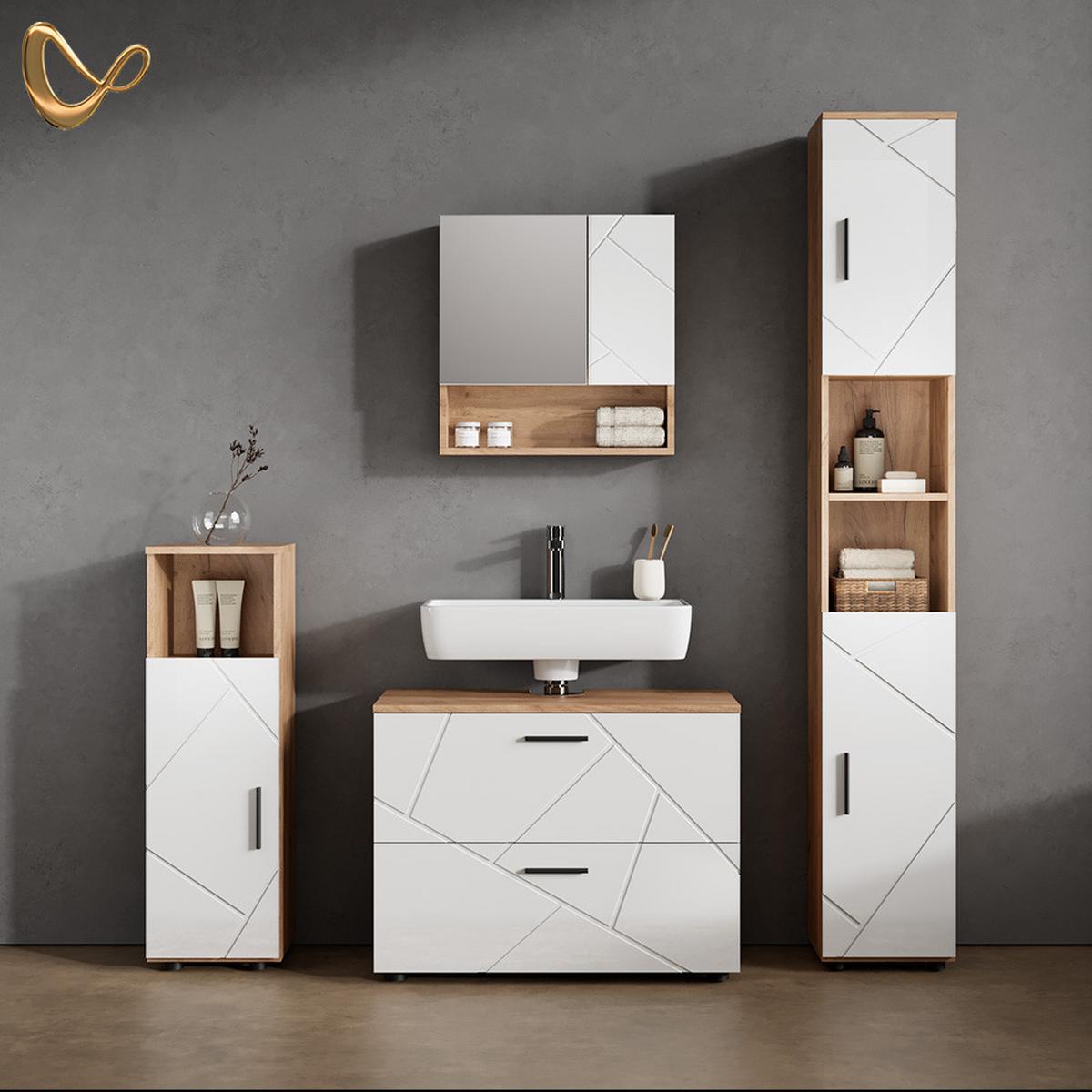 BADMÖBEL-SET Ronco Weiß Hochglanz/Goldkraft Eiche 4 Teile, mit Schubladenschrank und Hochschrank - Honigeiche/Weiß Hochglanz, Holzwerkstoff (80/58/41cm) - Livinity®