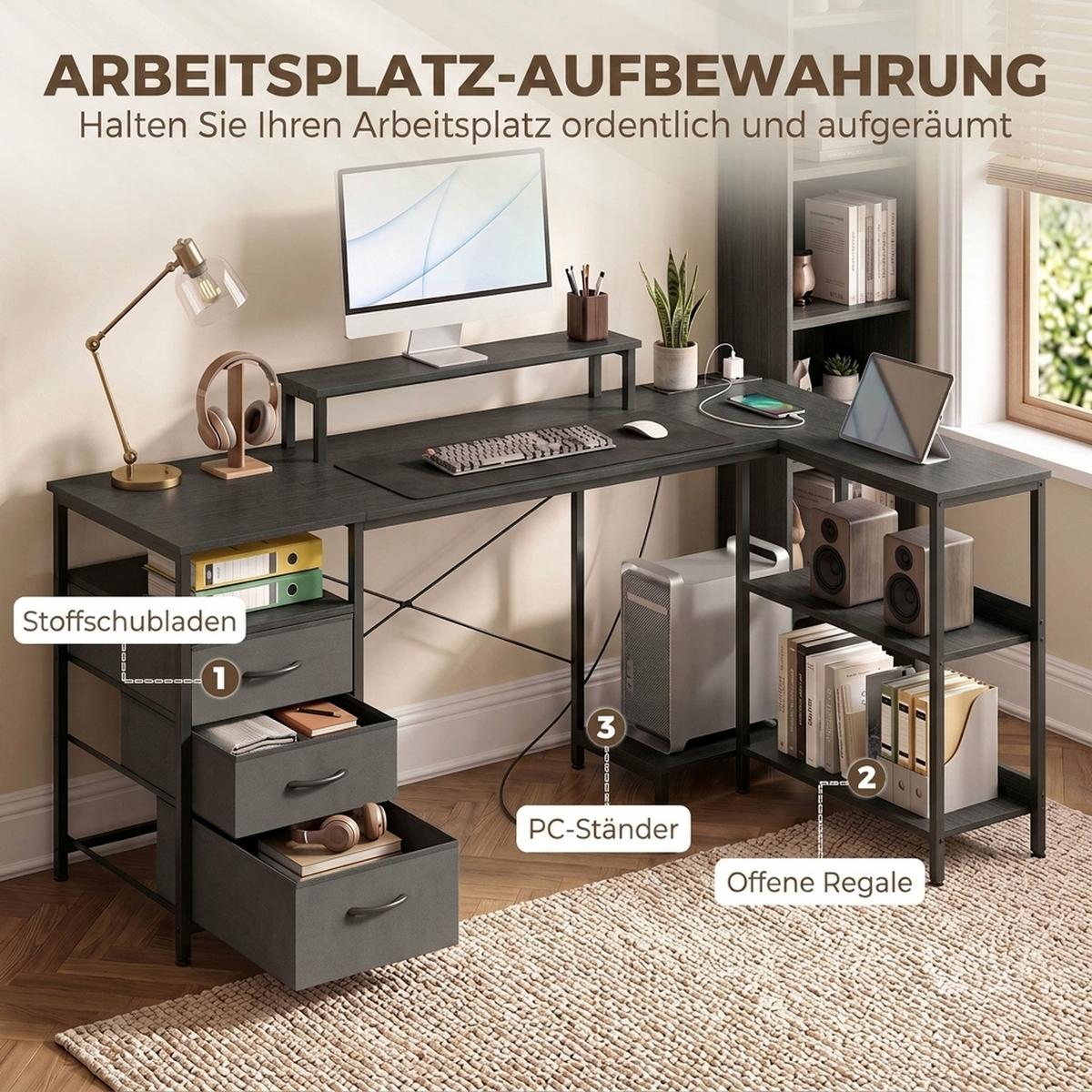 L-FÖRMIGER-SCHREIBTISCH Spanplatte Stahl Schwarz - Schwarz, Holzwerkstoff/Textil (170/100/91cm) - HOMCOM
