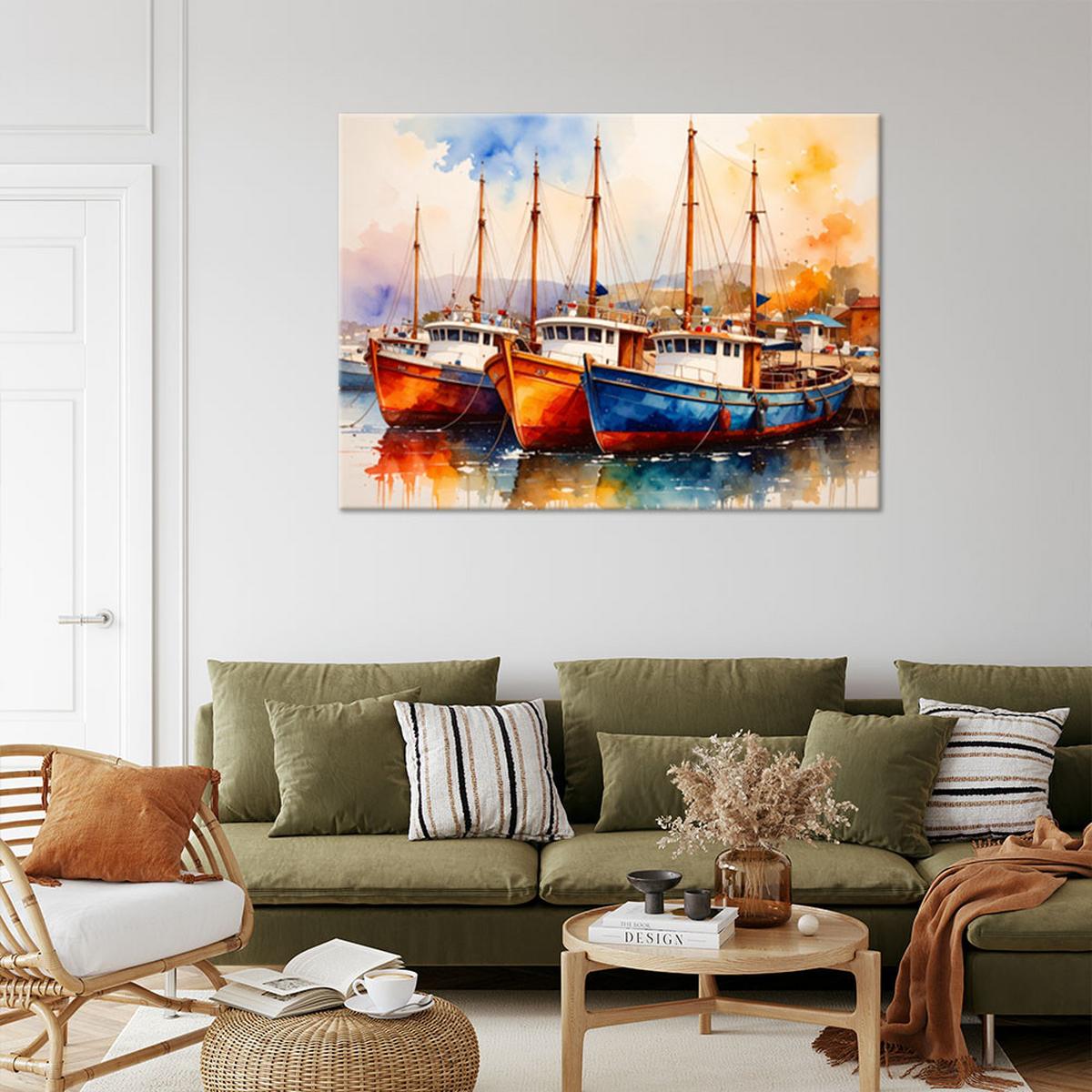 LEINWANDBILD Bunte Boote Schiffe im Hafen 60x40cm - Multicolor, Textil (60/40cm) - Feeby