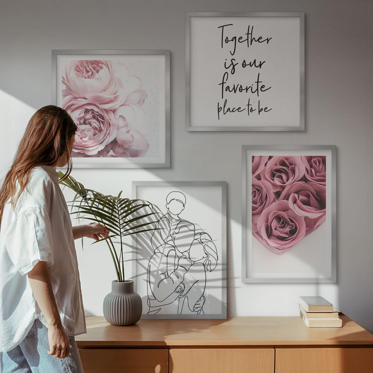 BILDER SET 4er Set - 50x50 cm & 40x60 cm Silberner Rahmen - Rosensträuße als Familienzeichnung - Silberfarben, Kunststoff (50/50cm) - TULUP
