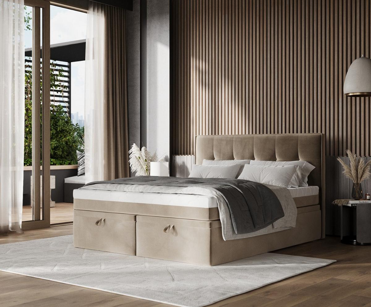 BOXBETT Arivo 200/200 cm Taupe im Paros Stoff - Taupe/Schwarz, Holz/Holzwerkstoff (200/200cm) - AltaBeds