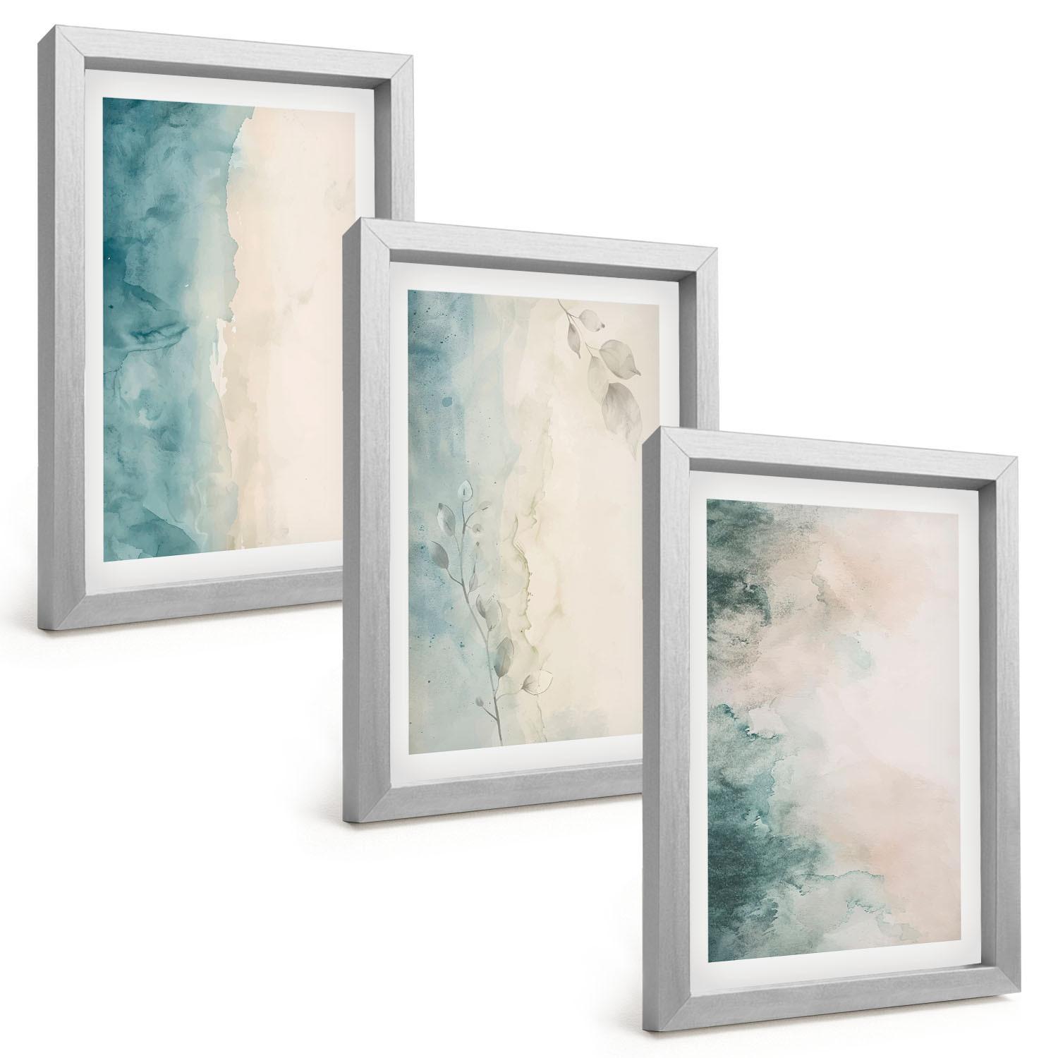 BILDER SET 3er Set - 20x30 cm Silberner Rahmen - Minimalismus auf Aquarellleinwand - Silberfarben, Kunststoff (20/30cm) - TULUP