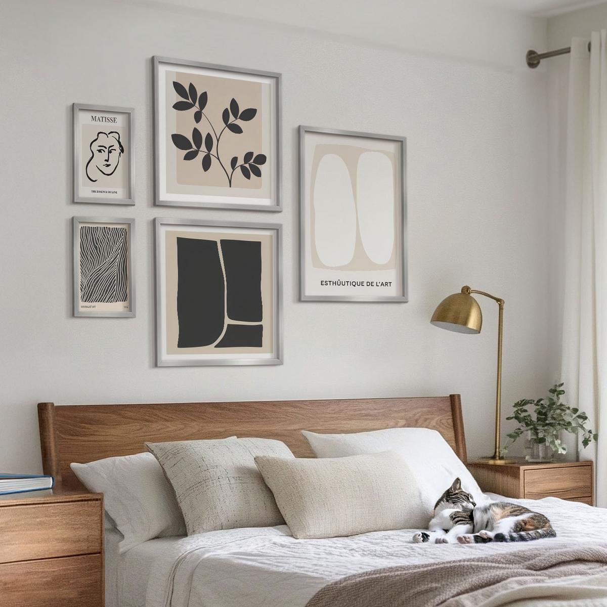 BILDER SET 5er Set - 50x50 cm & 20x30 cm & 40x60 cm Silberner Rahmen - Minimalistische Pflanzenmuster - Silberfarben, Kunststoff (40/60cm) - TULUP