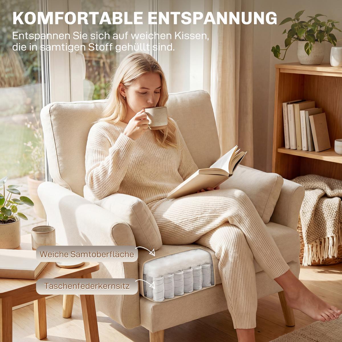 SESSEL Polyester Kautschukholz Cremeweiß - Creme/Naturfarben, Holz/Textil (80/88/103cm) - HOMCOM