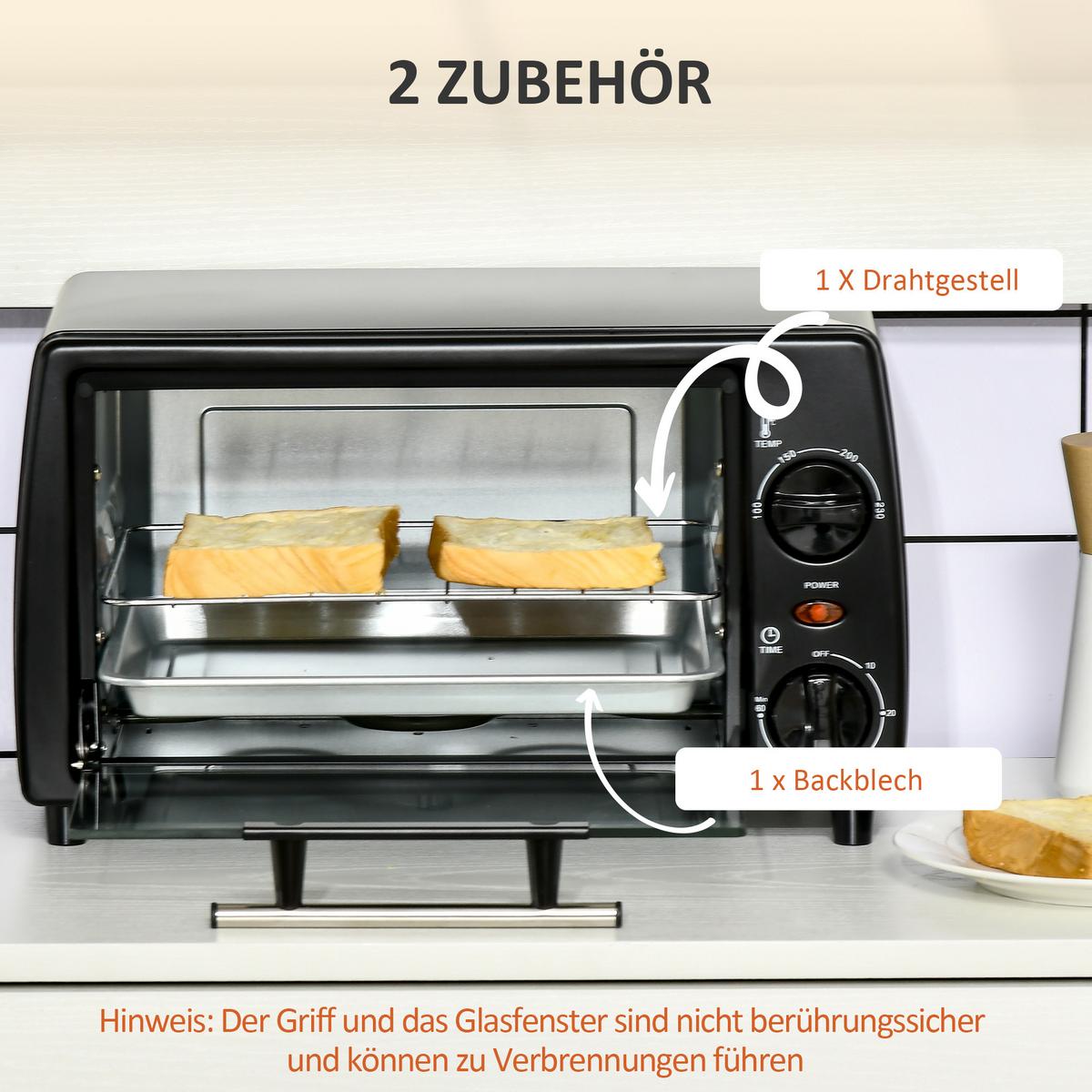 MINIBACKOFEN Metall Gehärtetes Glas Schwarz - Schwarz, Metall (36.5/26/22cm) - HOMCOM