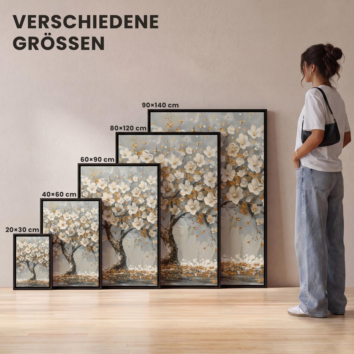 LEINWAND Bilder mit Rahmen - Baum - Blumen - Weiß - Natur - Kunst - 100x150 - Weiß, Textil (100/150cm) - MuchoWow