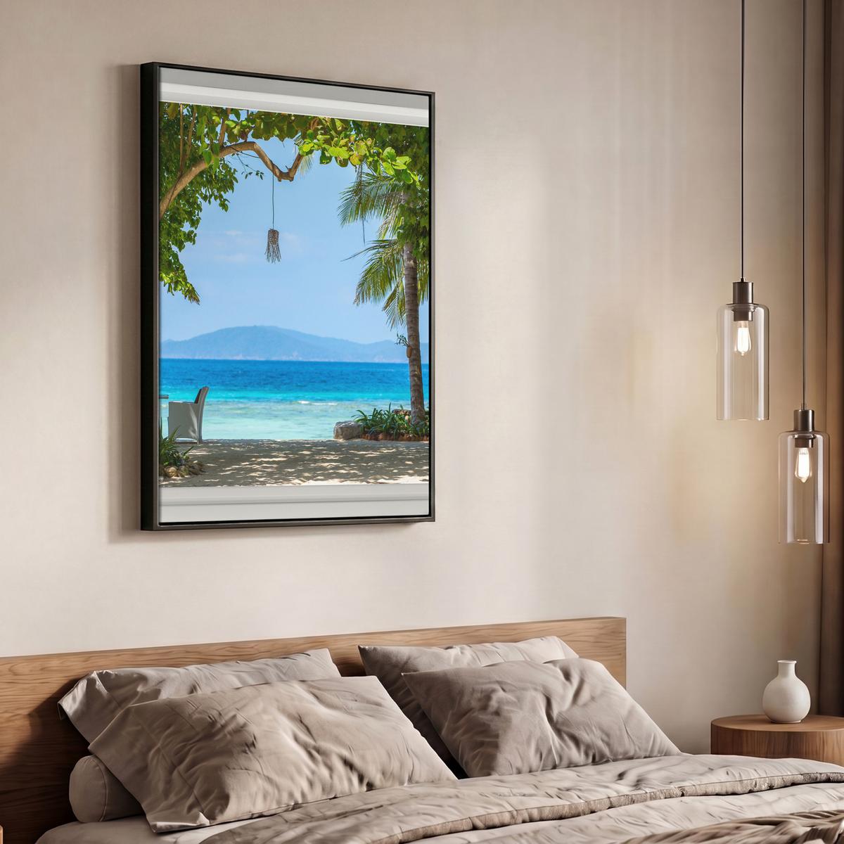 LEINWAND Bilder mit Rahmen - Aussicht - Baum - Meer - Palme - Hügel - Strand - Blau - 70x100 - Blau, Textil (70/100cm) - MuchoWow