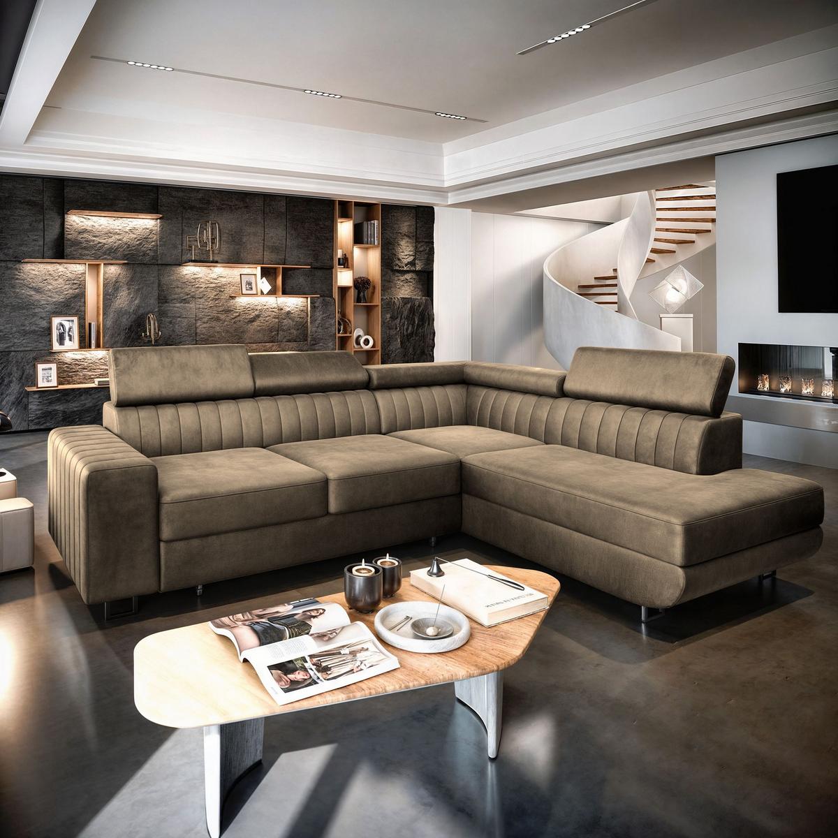 ECKSOFA NOLA R-S Beige Velours-Stoff mit Schlaffunktion - Beige/Silberfarben, Holz/Textil (253/190cm) - MASSENO
