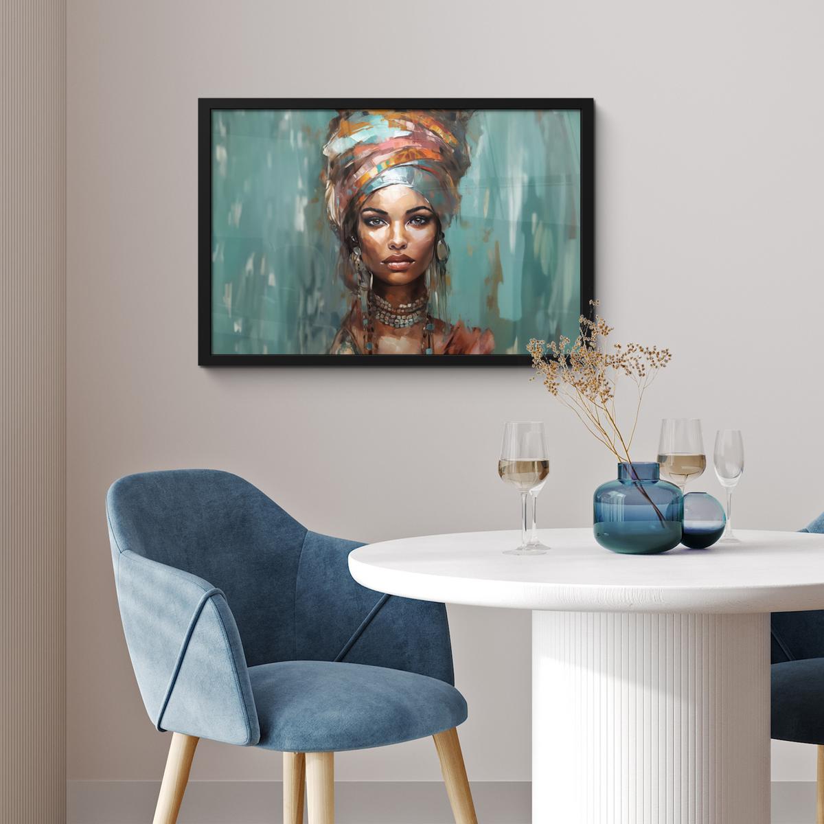 POSTER MIT RAHMENGERAHMTES BILD Frau - Kunst - Schmuck - Porträt 60x40 cm - Blaugrau, Papier (60/40cm) - MuchoWow