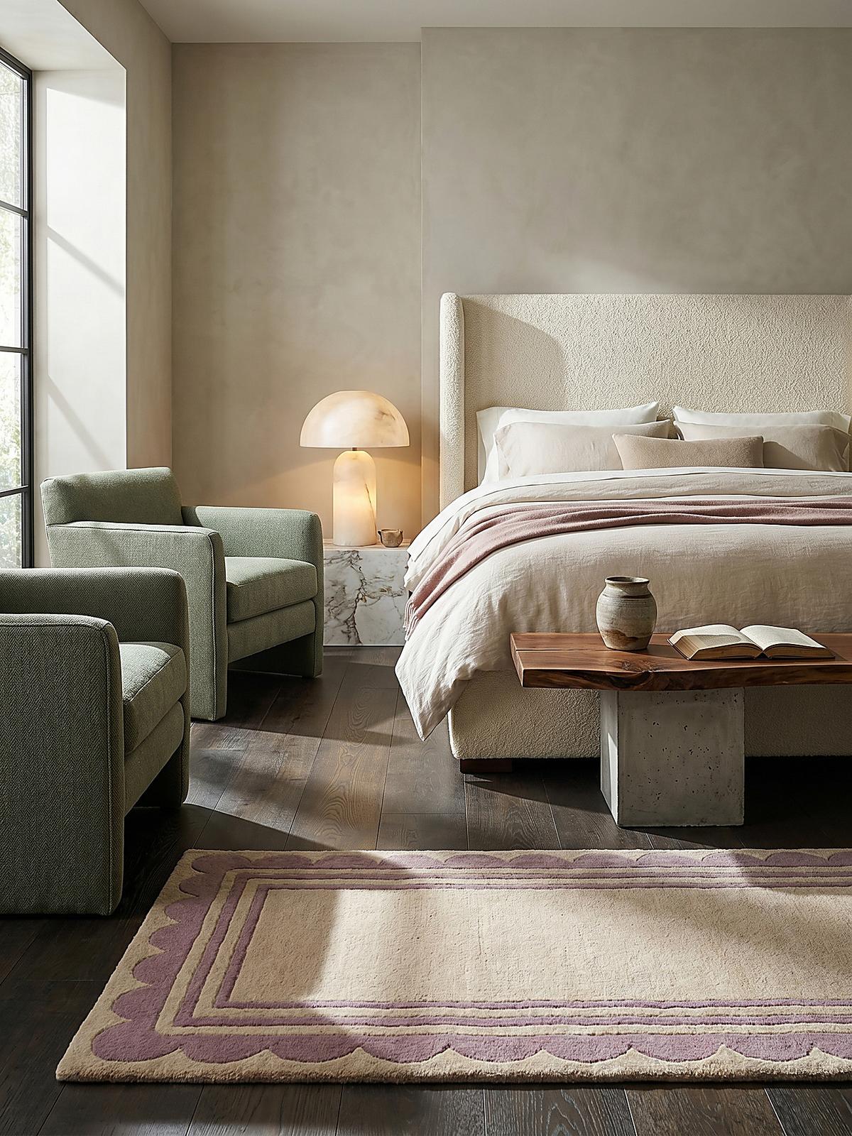 WOLLTEPPICH WENSUM, mit grafischem Muster mit Rahmen, Lila-Beige, 80 x 230 cm - Lila, Textil (230/80cm) - KADIMA DESIGN