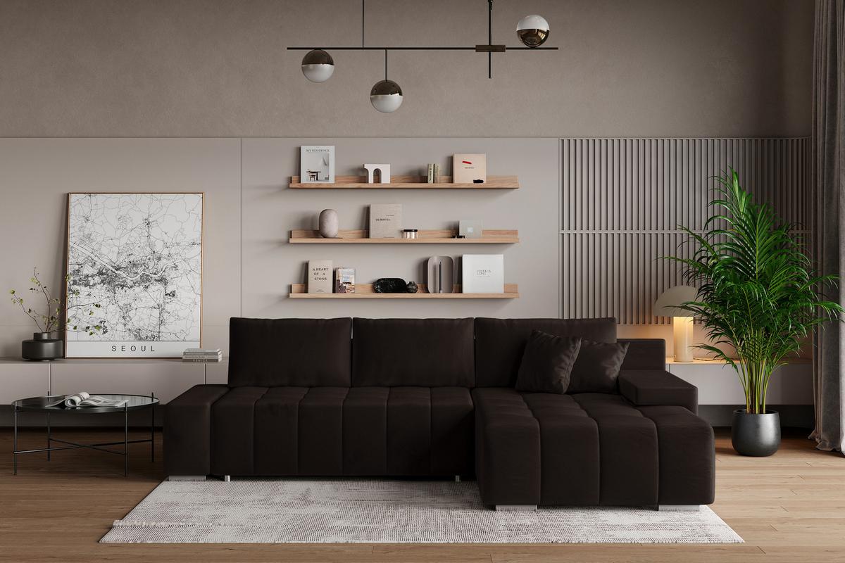 ECKSOFA ALESE R-S Braun Velours-Stoff mit Schlaffunktion - Silberfarben/Braun, Holz/Textil (265/185cm) - MASSENO
