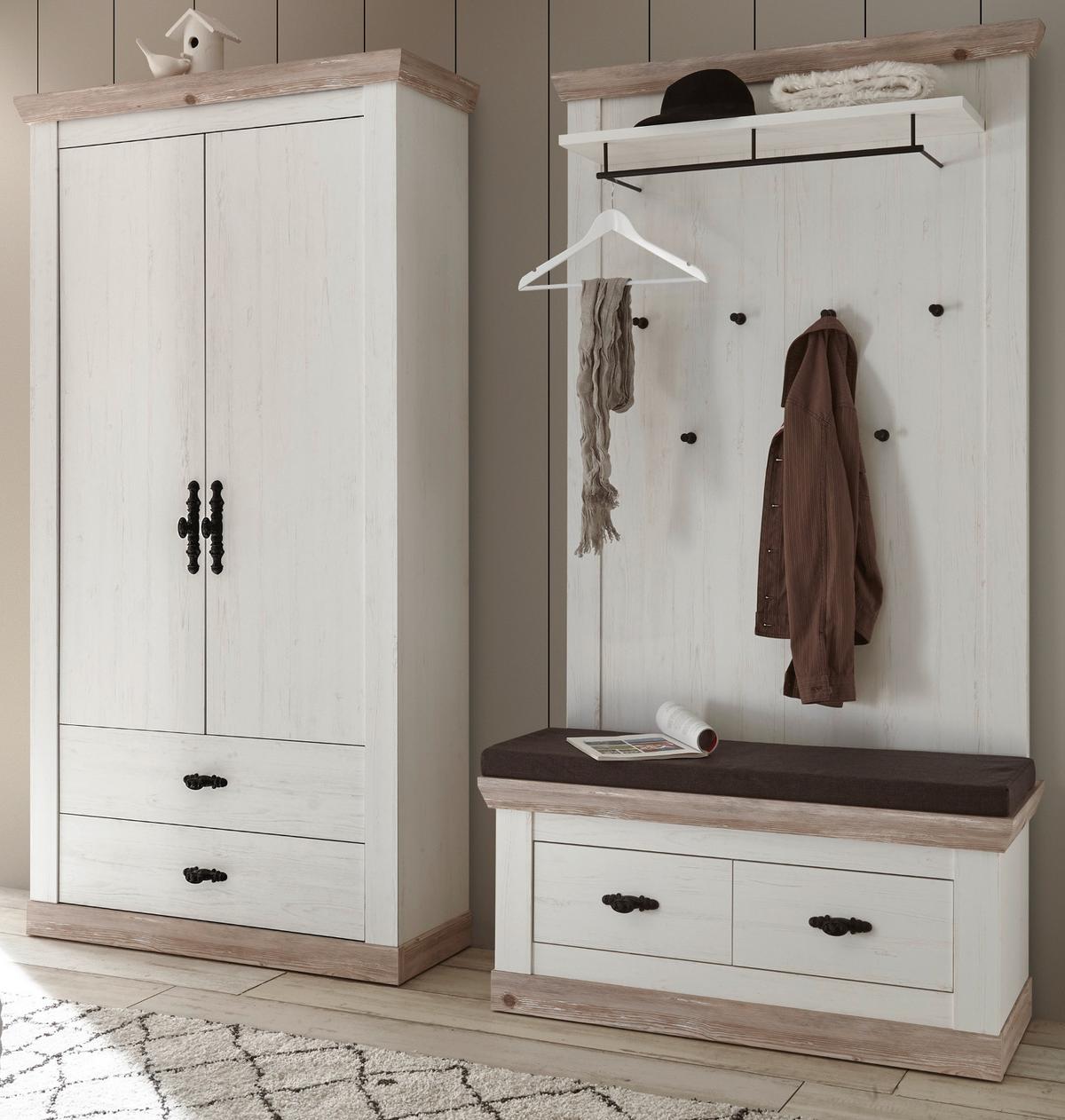 GARDEROBENSCHRANK Pinie weiß, Oslo Pinie Landhaus, Garderobe oder großer Schuhschrank, 107 x 201 cm - Anthrazit/Weiß, Holzwerkstoff/Metall (107/201/38cm) - Furn.Design