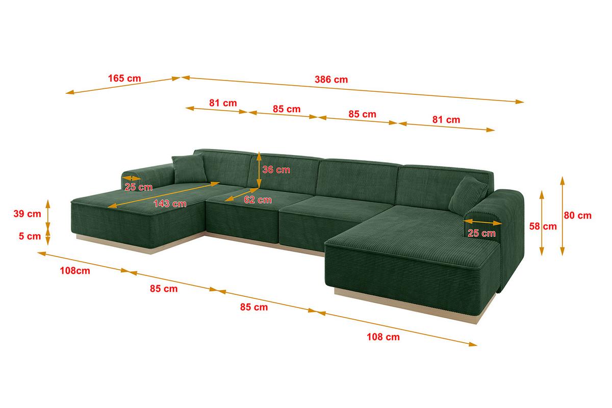 WOHNLANDSCHAFT IREA-U2 - 386x165x80 cm Grün - Currygelb, Holzwerkstoff/Textil (386/80/165cm) - ALTDECOR