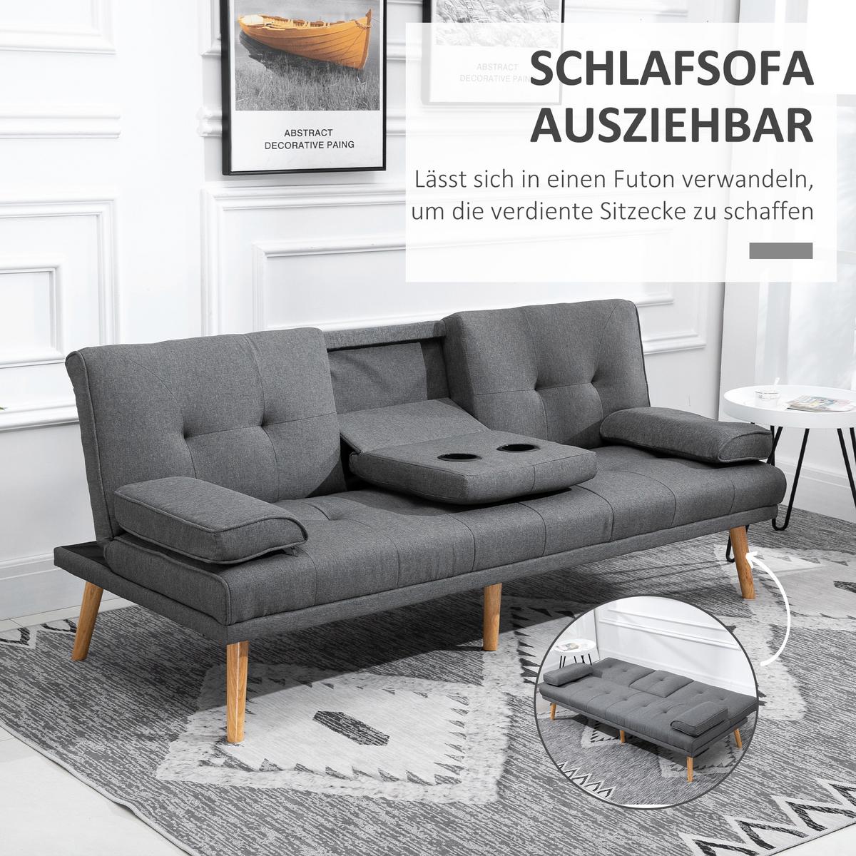 SCHLAFSOFA 3-Sitzer-Sofa Bettsofa mit Klappbarem Tisch Stoffsofa mit Leinenoptik - Dunkelgrau/Naturfarben, Holz/Textil (77/78/181cm) - HOMCOM