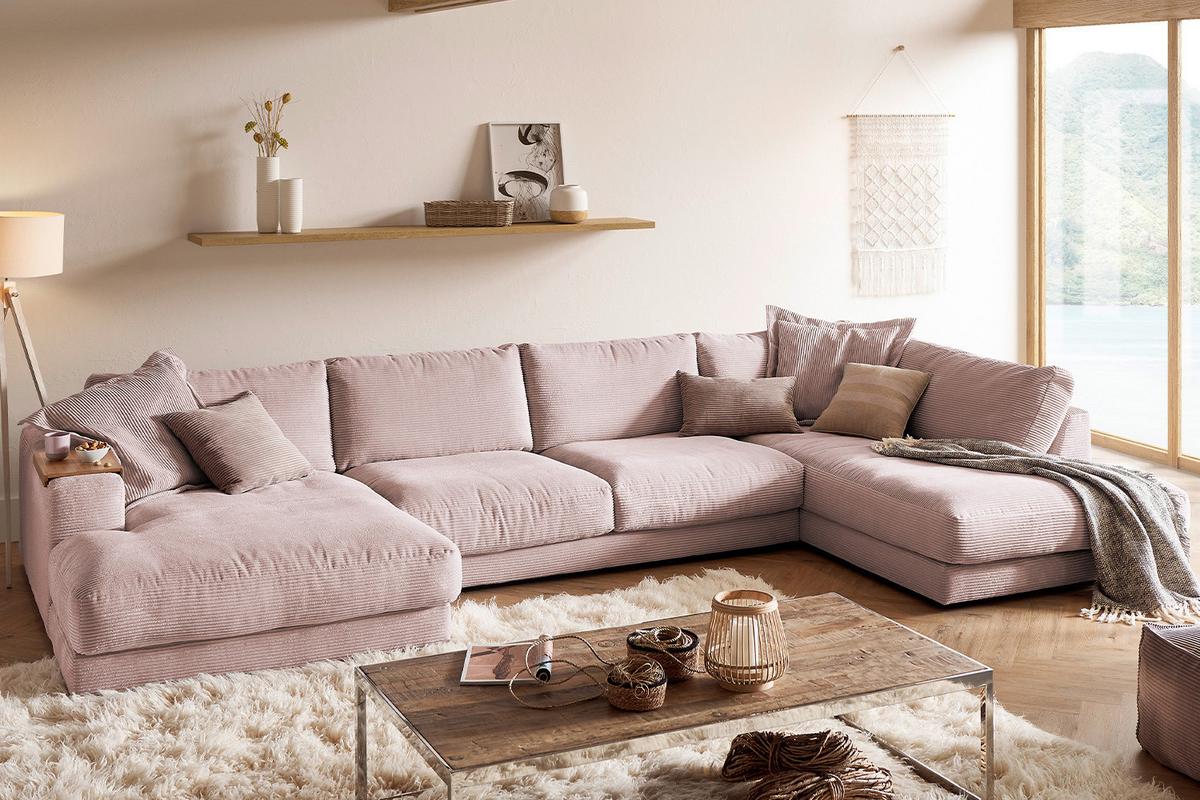 WOHNLANDSCHAFT MADELINE Pink Cord - Schwarz/Rosa, Kunststoff/Textil (425/86/224cm) - KAWOLA