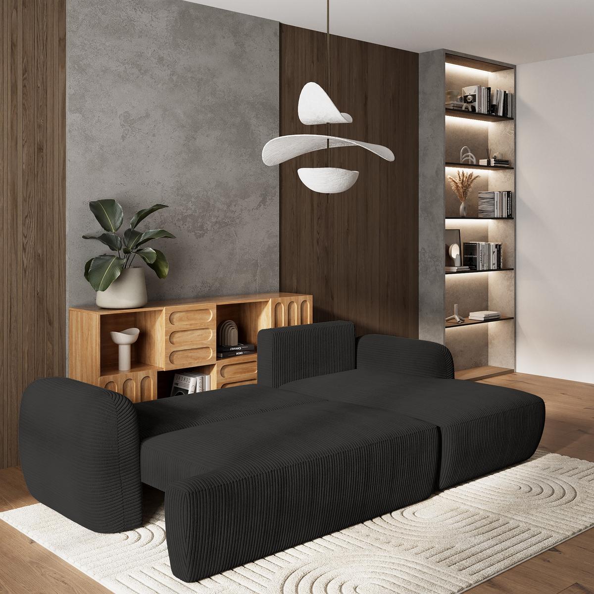 ECKSOFA MODENZA P R-S Schwarz Kordstoff mit Schlaffunktion - Schwarz, Holz/Kunststoff (266/148cm) - MASSENO
