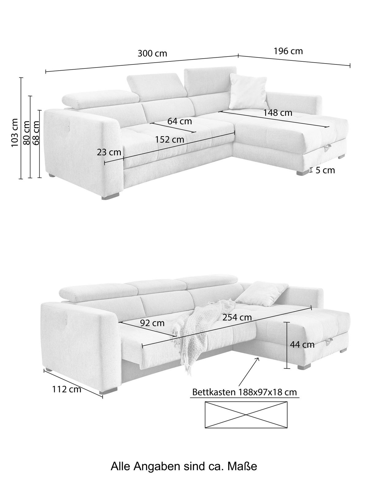 ECKSOFA mit elektrischer Sitztiefenverstellung, Kopflehnen verstellbar, USB-Ladefunktion, Bettkasten B300/T196/H103 cm, Chenille Dunkelgrau / 15409 - Dunkelgrau/Schwarz, Kunststoff/Textil (300/196cm) - luma-home
