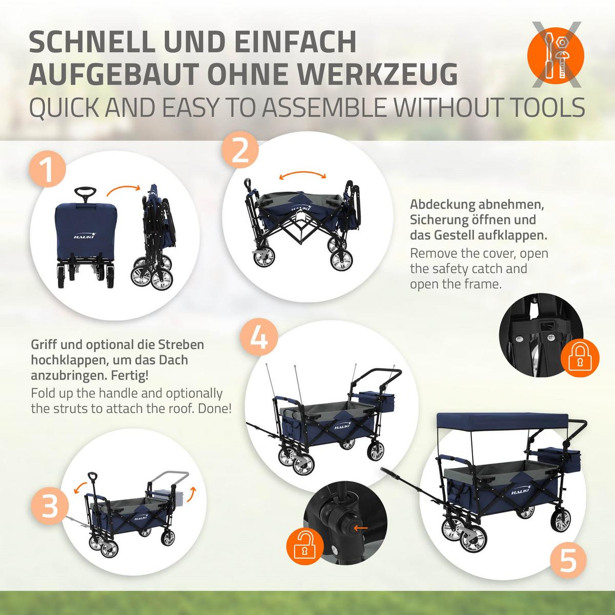 BOLLERWAGEN faltbar mit Dach XXL Blau-Grau Handwagen für Kinder Strand Picknick - Blau, Metall (56/99/196cm) - Hauki