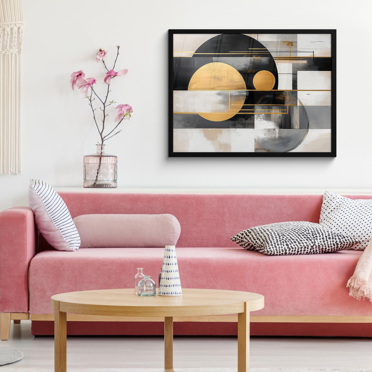 POSTER MIT RAHMENGERAHMTES BILD Abstrakt - Gold - Silber - Formen - Ästhetisch - Modern 80x60 cm - Goldfarben, Papier (80/60cm) - MuchoWow