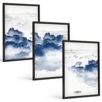 BILDER SET 3er Set - 40x60 cm Schwarzer Rahmen - Berge, Wolken, Bäume, Vögel - Schwarz, Kunststoff (40/60cm) - TULUP