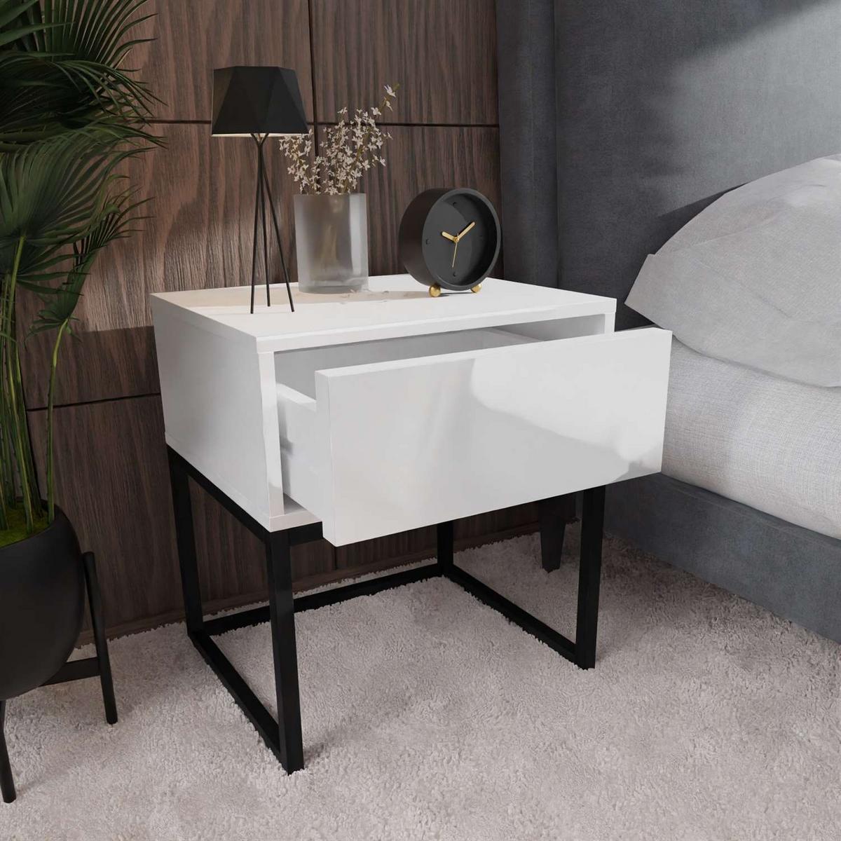 NACHTTISCH BLANCO LOFT Weiß Hochglanz auf schwarzem Gestell PUSH OPEN - Weiß Hochglanz, Holzwerkstoff (45/53/37cm) - Lookway