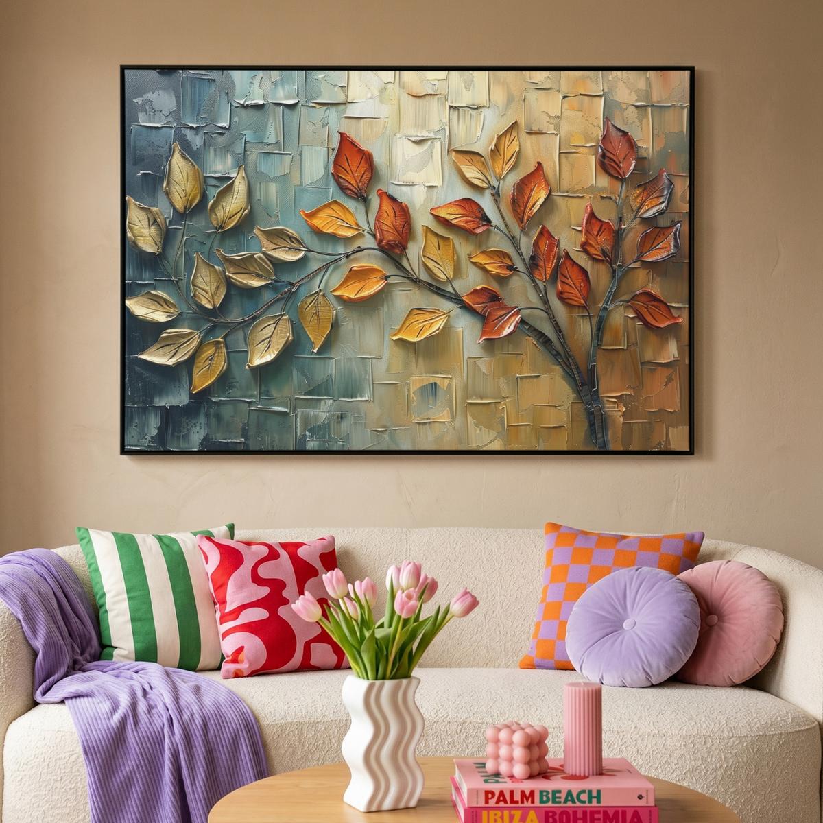 LEINWAND Bilder mit Rahmen - Baum - Abstrakt - Natur - Kunst - 120x80 - Goldfarben, Textil (120/80cm) - MuchoWow