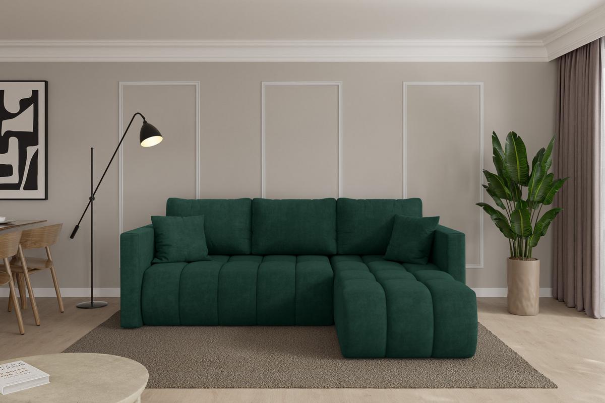 ECKSOFA mit Schlaffunktion Ottomane Rechts GARD-L 226x146x85 Grün Velours - Schwarz/Grün, Holzwerkstoff/Kunststoff (226/146cm) - ALTDECOR