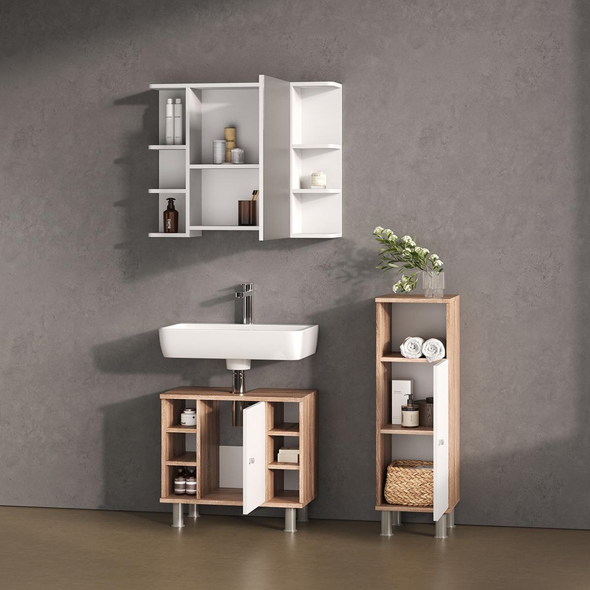 BADMÖBEL-SET Fucino Sonoma 3 Teile, mit Midischrank - Sonoma Eiche, Holzwerkstoff (60/54/32cm) - Livinity®