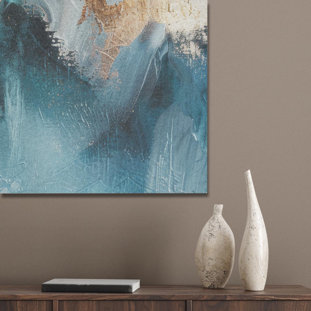 AKUSTIKBILD Abstrakt - Kunst - Gold - Blau Wandbild Wohnzimmer 100x70 cm - Petrol, Kunststoff (100/70/0.9cm) - MuchoWow