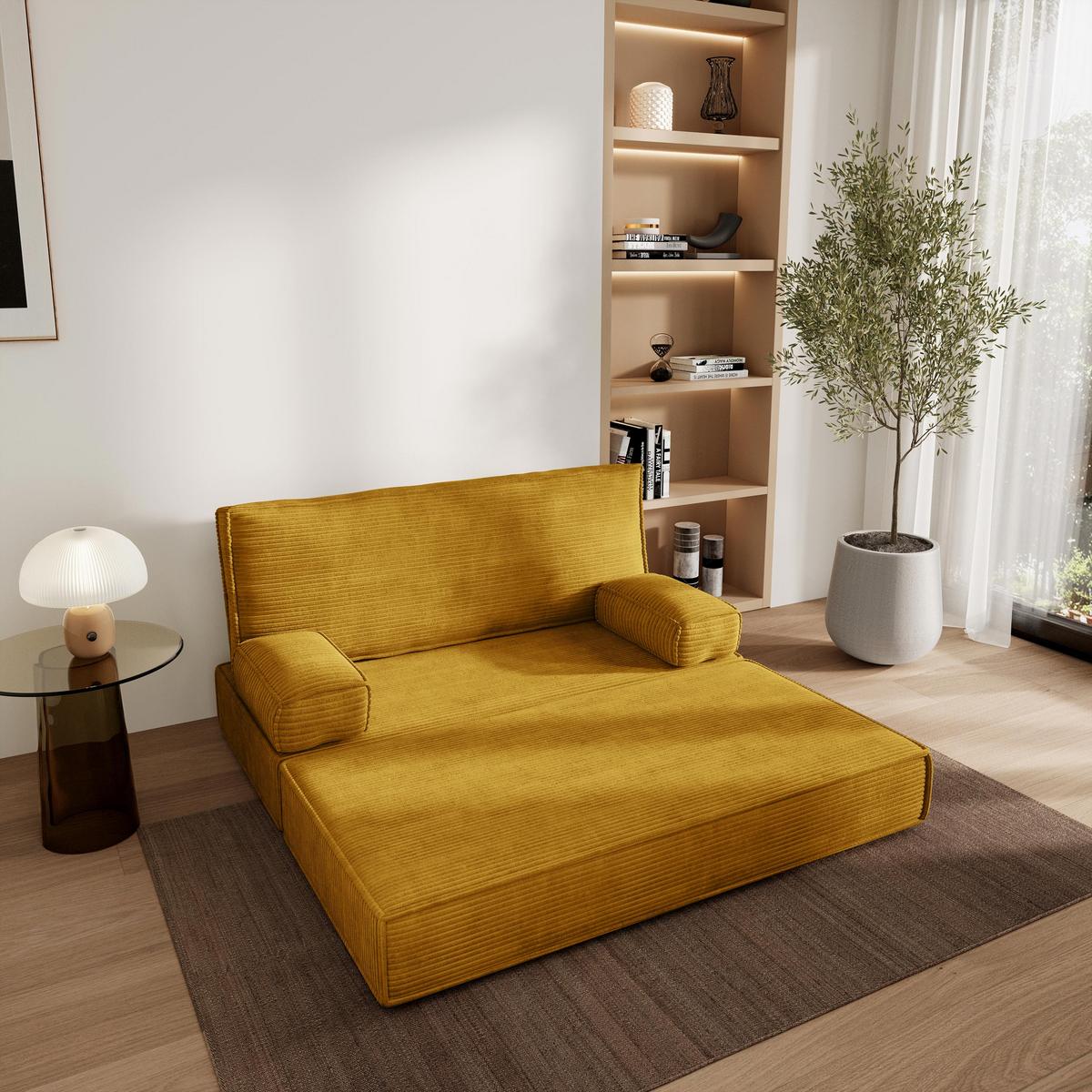 BETTSOFA LADIA aus Schaumstoff Kordstoff Gelb Schlaffunktion - Gelb, Textil (140/86/60cm) - MASSENO
