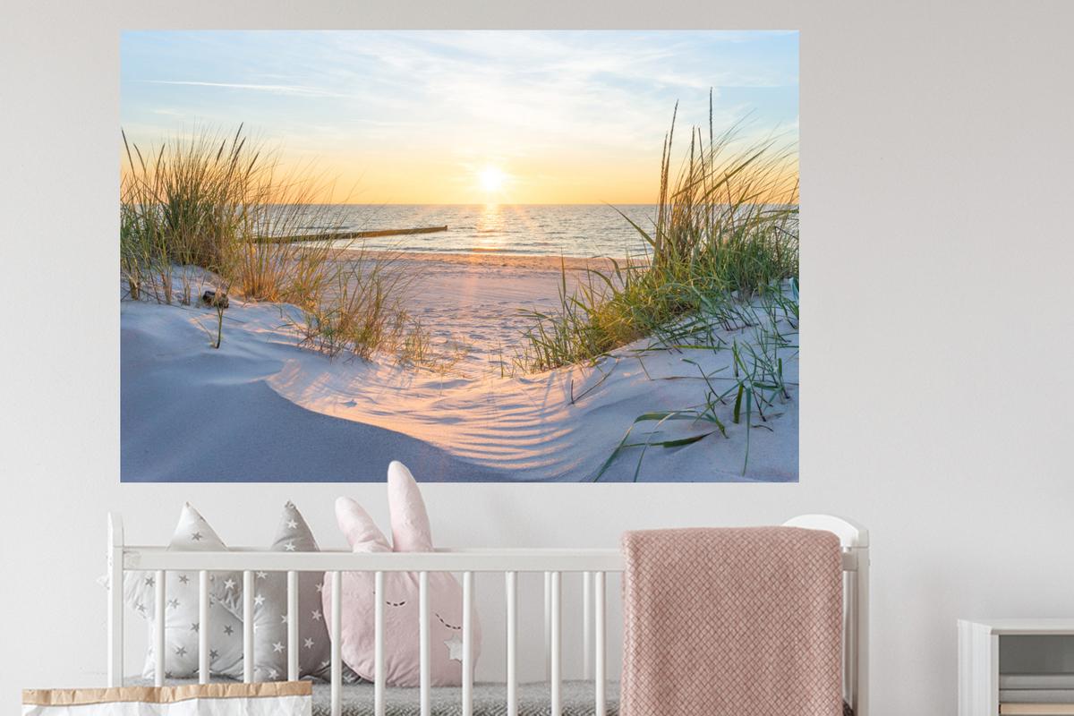 WANDTATTOO Strand - Sonne - Düne - Gras - Sand - Horizont Wandsticker 120x80 cm - Hellblau, Kunststoff (120/80/0.1cm) - MuchoWow