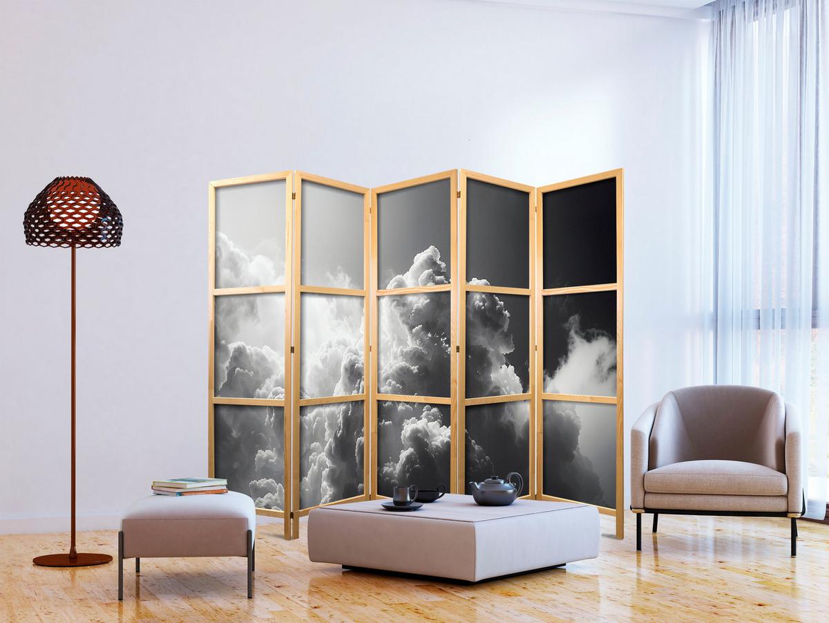 PARAVENT Japanischer 5-tlg 225x172 cm Wolken - Schwarz, Holz/Textil (225/172/3cm) - Muralo