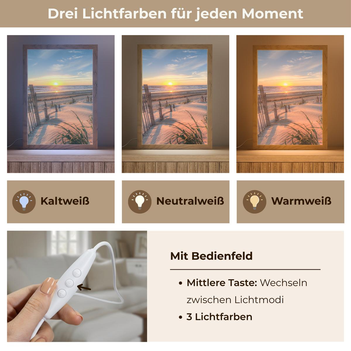 TISCHLEUCHTE Strand - Meer - Düne - Sonnenuntergang - Landschaft 20x30 cm - Creme, Holzwerkstoff (8/20/30cm) - OnlyWow