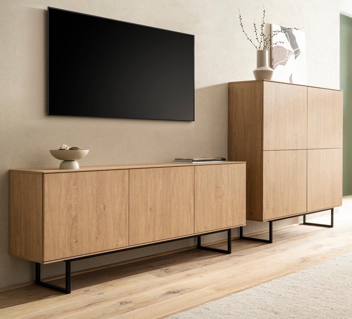 WOHNWAND Stone Eiche, Wohnkombination 2-teilig 280 cm, mit Push-to-Open - Eichefarben/Schwarz, Holzwerkstoff/Metall (280/137/40cm) - Furn.Design
