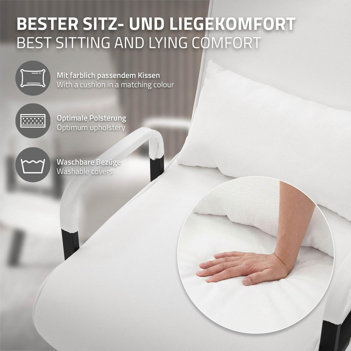 SCHLAFSESSEL mit Bettfunktion Weiß 186x60 cm Bettsessel klappbar mit Stahlrahmen & Chenille - Schwarz/Weiß, Textil/Metall (65/82/87cm) - ML-DESIGN
