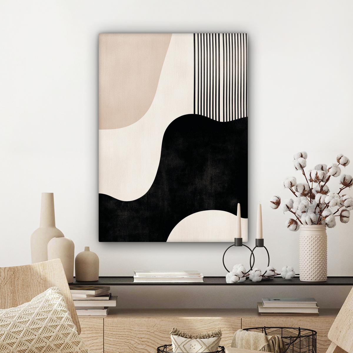 LEINWANDBILD Abstrakt - Japandi - Beige - Modern Wandbild Wohnzimmer 60x80 cm - Schwarz, Textil (60/80cm) - MuchoWow