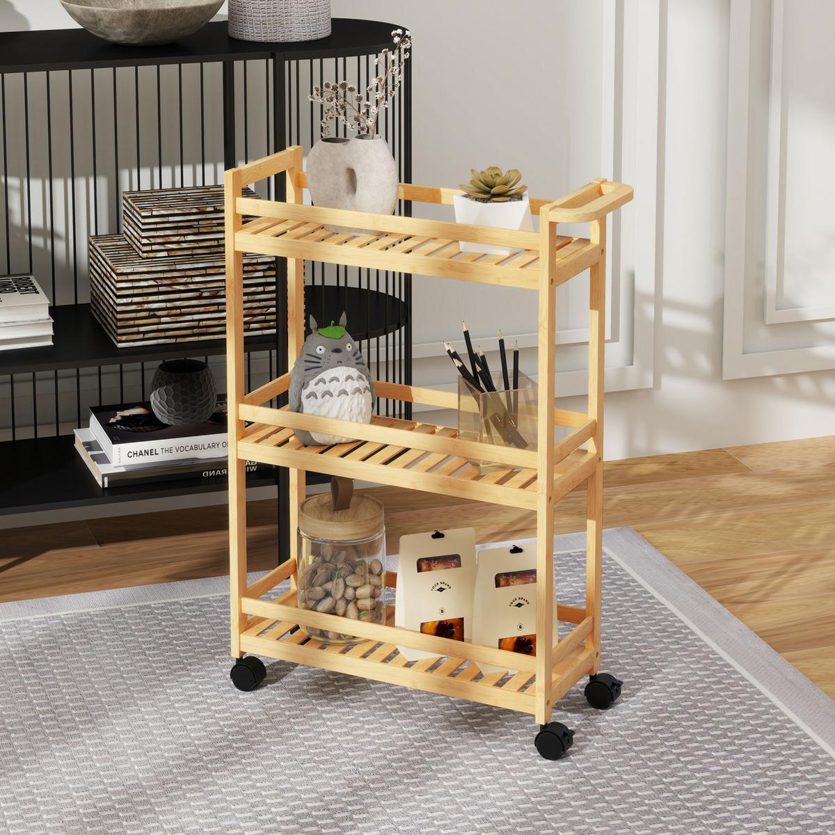 SERVIERWAGEN aus Bambus, 3-stöckiger, 55 x 20 x 75 cm, Naturholz - Naturfarben, Naturmaterialien (20/75/55cm) - HOMCOM