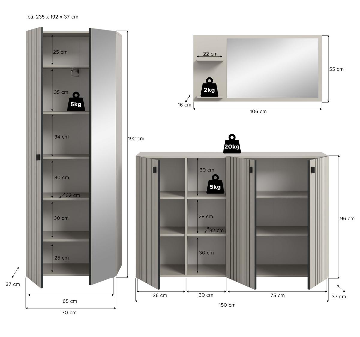 GARDEROBEN-SET 3-teilig Kaschmir 235 cm, Garderobenschränke mit 15 Fächern - Kaschmir/Schwarz, Glas/Holzwerkstoff (235/192/37cm) - Inn.Furn