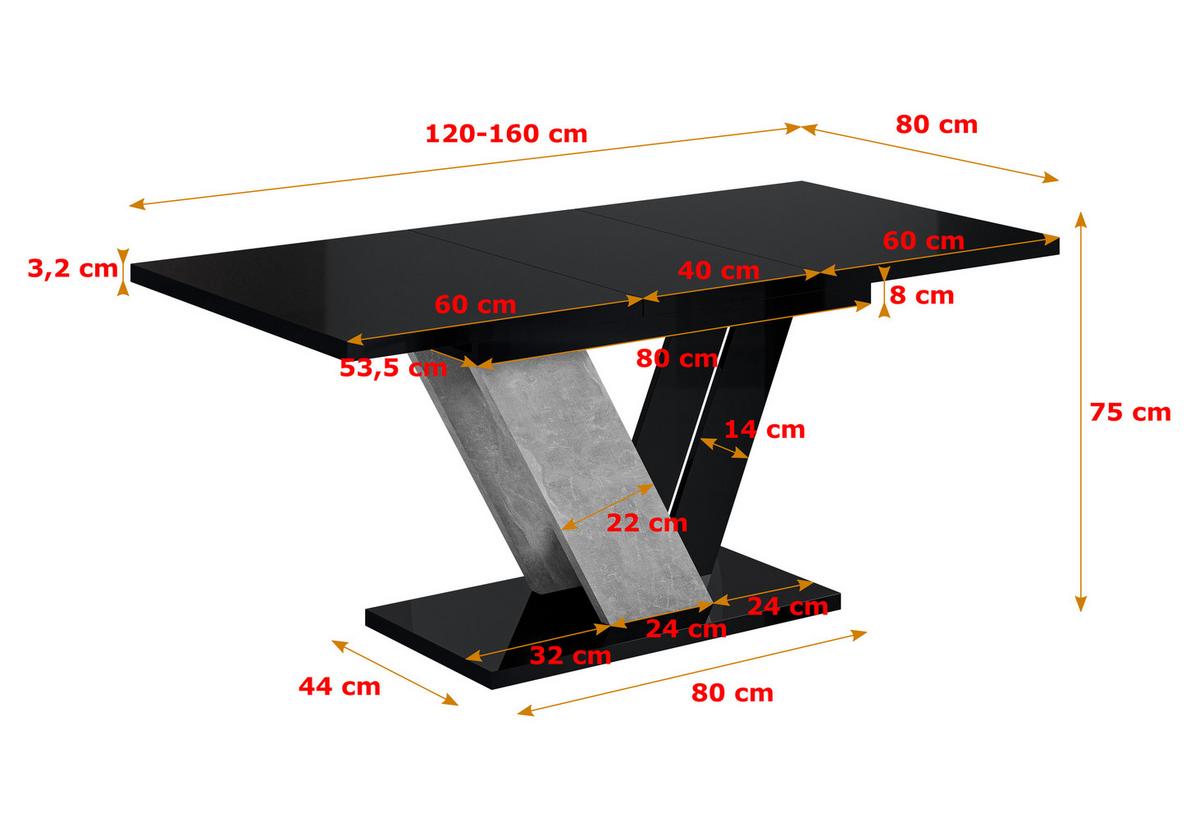 ESSTISCH ausziehbar 120 -160x80x75 cm - Black Gloss / Stone - CLASI - Schwarz Hochglanz/Grau, Holzwerkstoff (120/80/75cm) - ALTDECOR