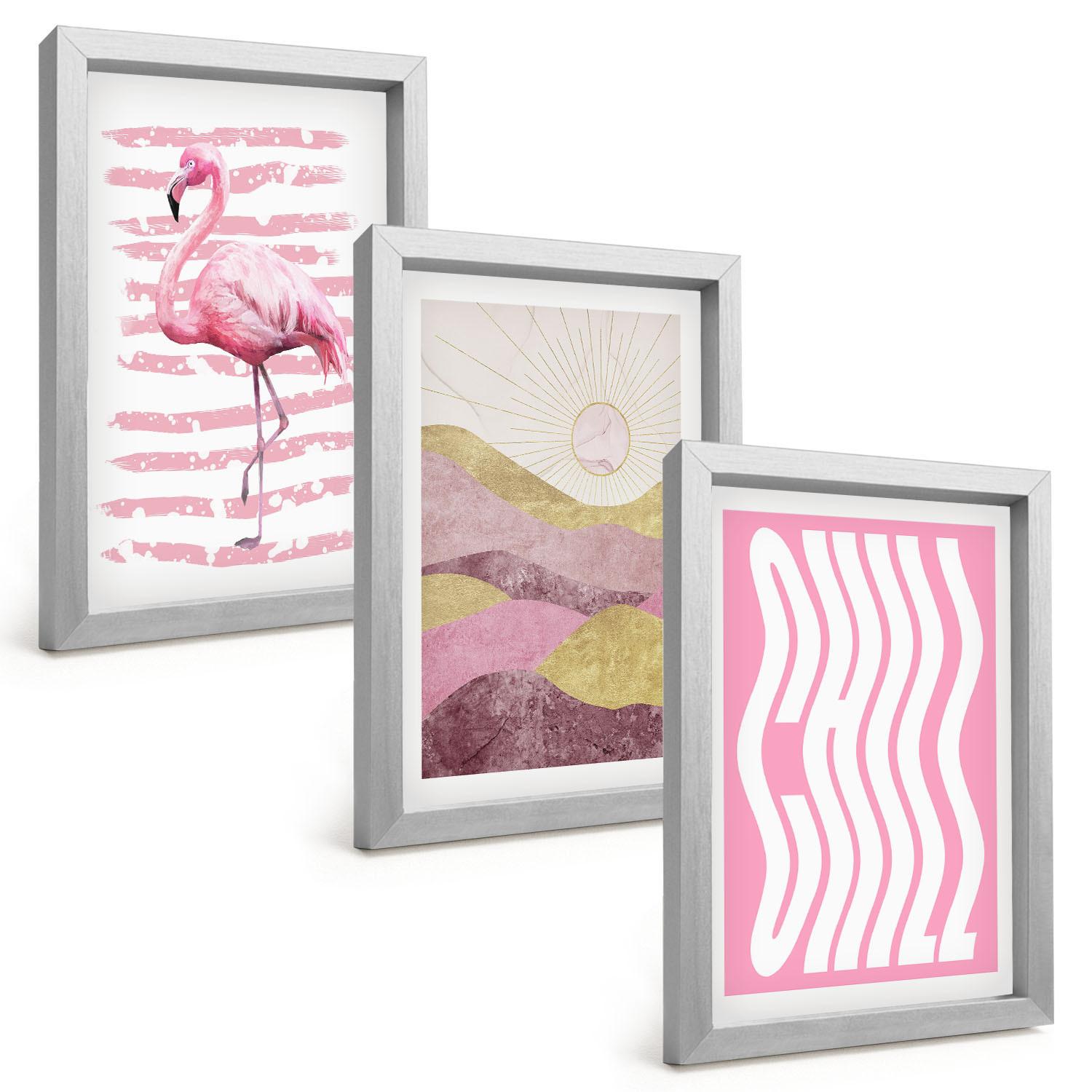 BILDER SET 3er Set - 20x30 cm Silberner Rahmen - Pastelllandschaft mit rosa Flamingos - Silberfarben, Kunststoff (20/30cm) - TULUP